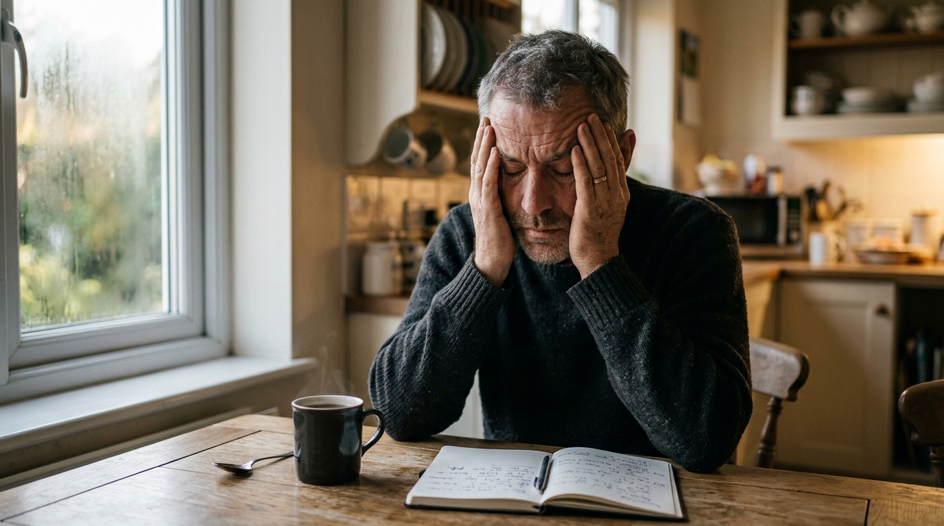 man experiencing mental fatigue at morning table