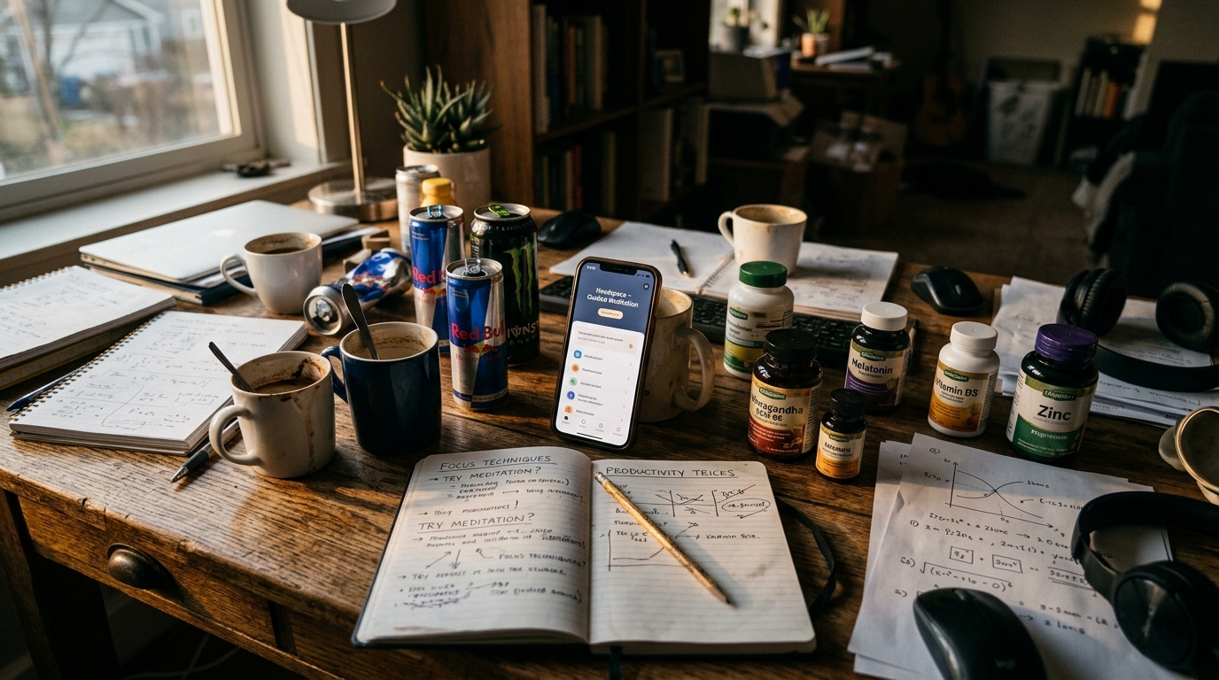 scattered coffee cups energy drinks and wellness apps