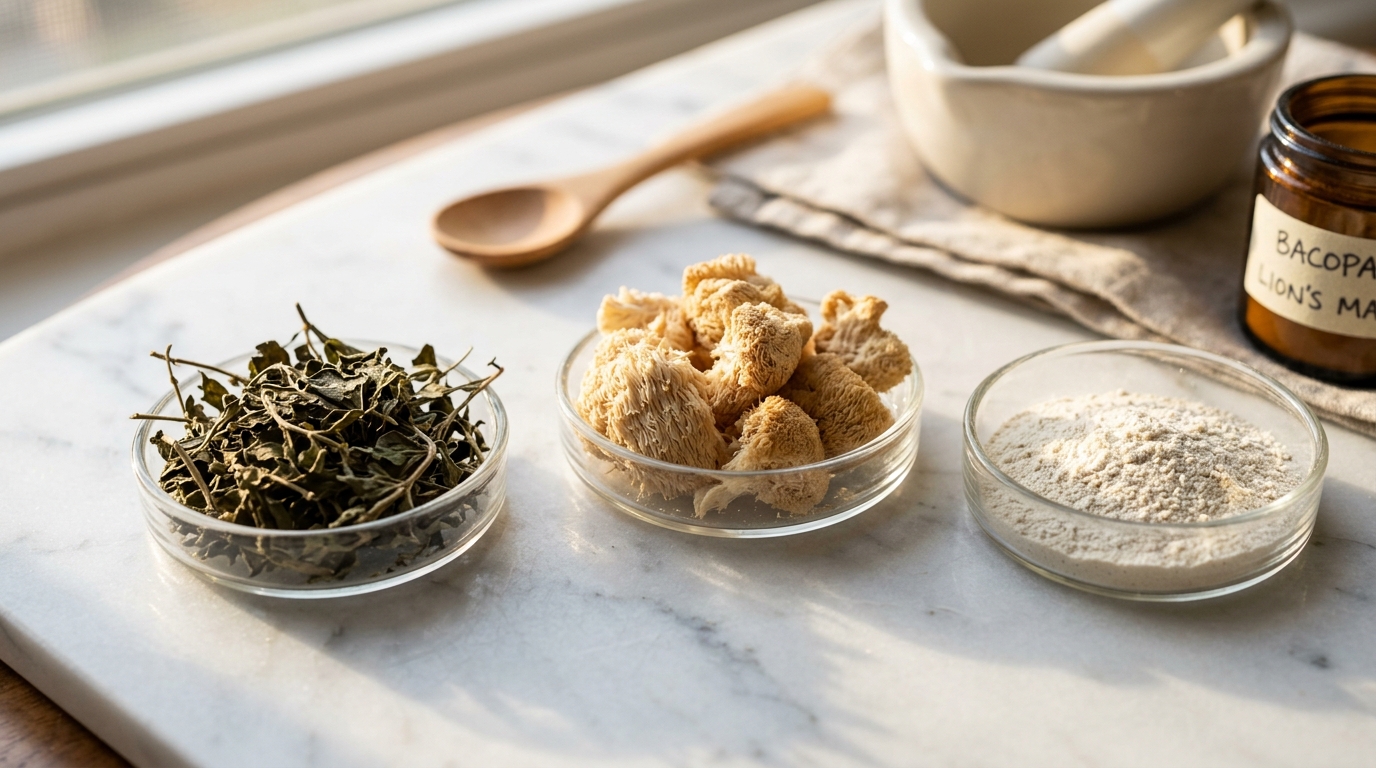 natural brain supplement ingredients on marble surface