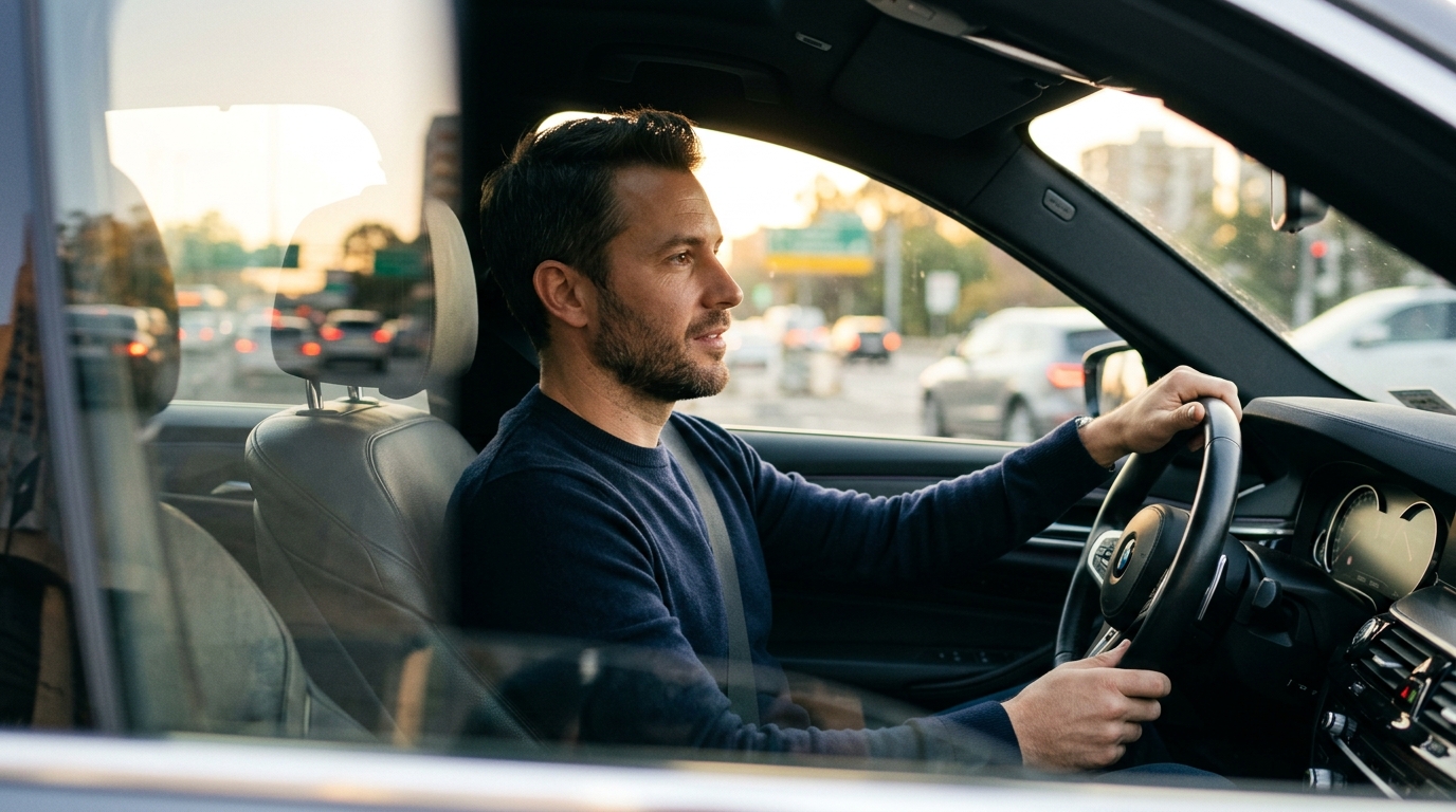man alert and engaged during morning drive