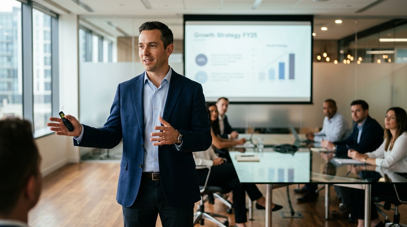 confident man presenting clearly to colleagues