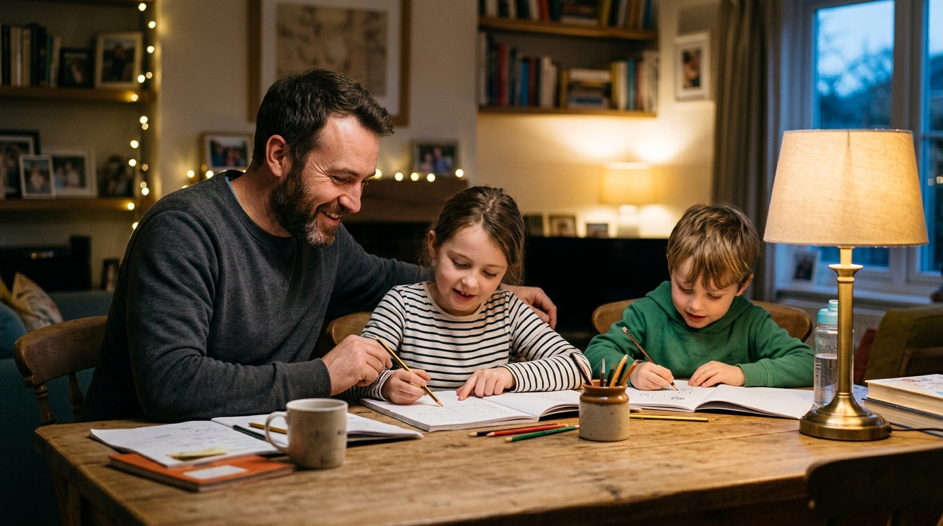 father helping children with homework in warm evening light