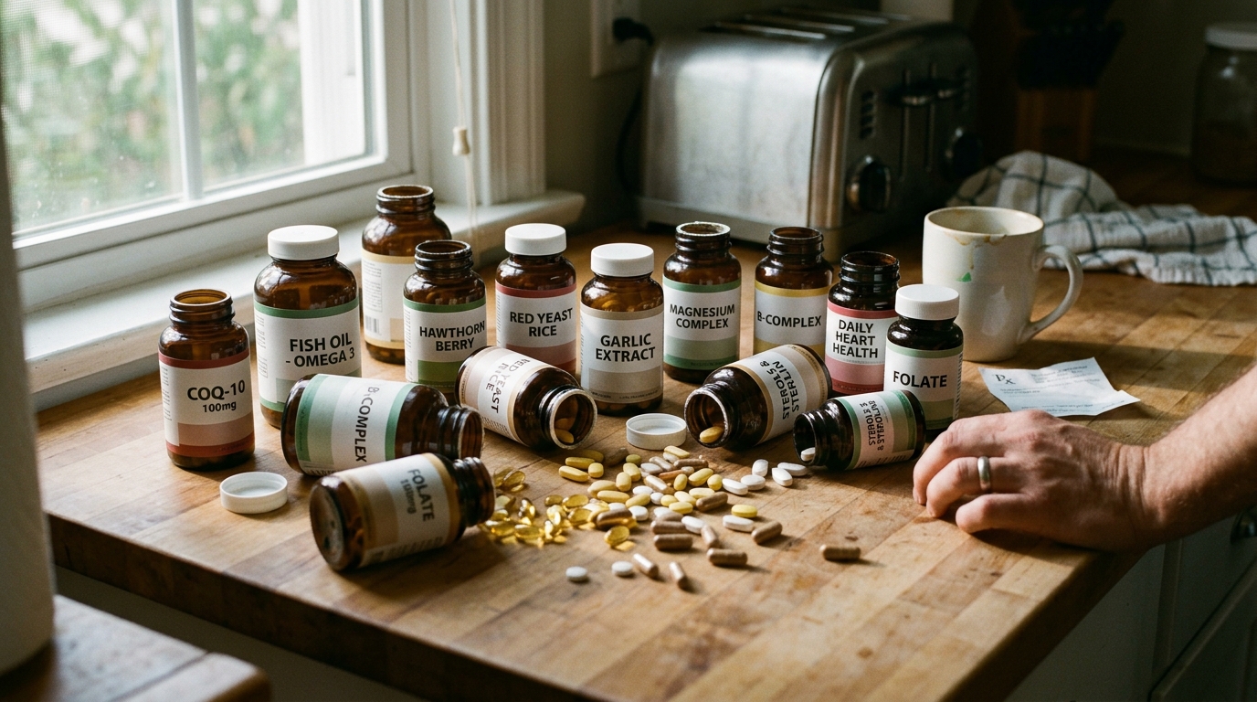 scattered heart health supplements on counter