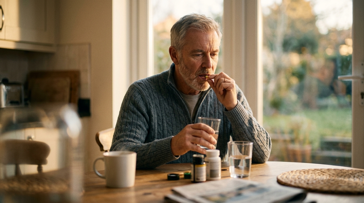 man taking morning supplement at breakfast