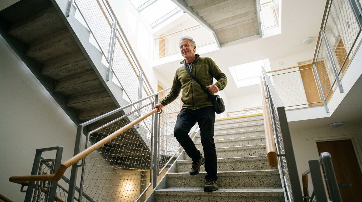 man confidently climbing apartment stairs