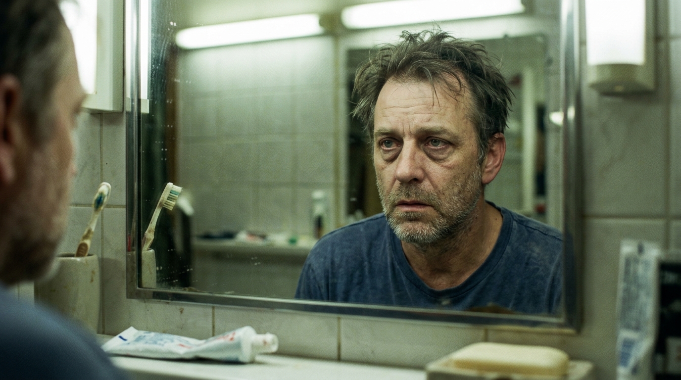 tired man looking concerned bathroom mirror morning