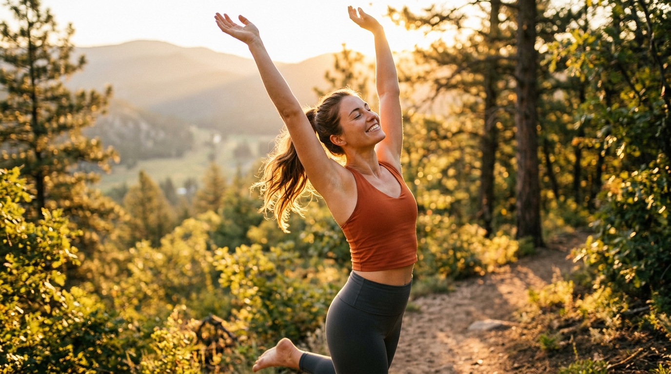 Woman stretching with energy in morning sunlight