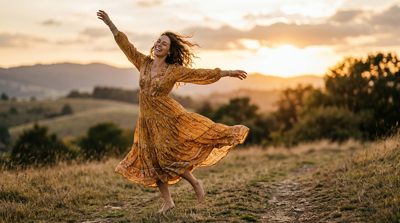 Woman moving freely outdoors with joyful expression