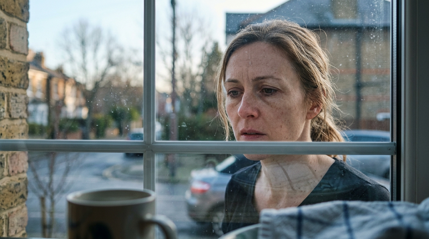 woman's tired reflection in kitchen window