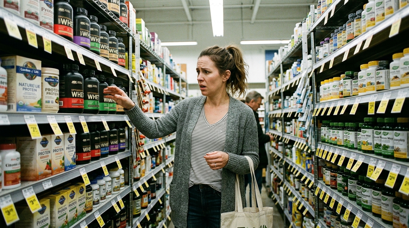 confused woman in supplement store aisle