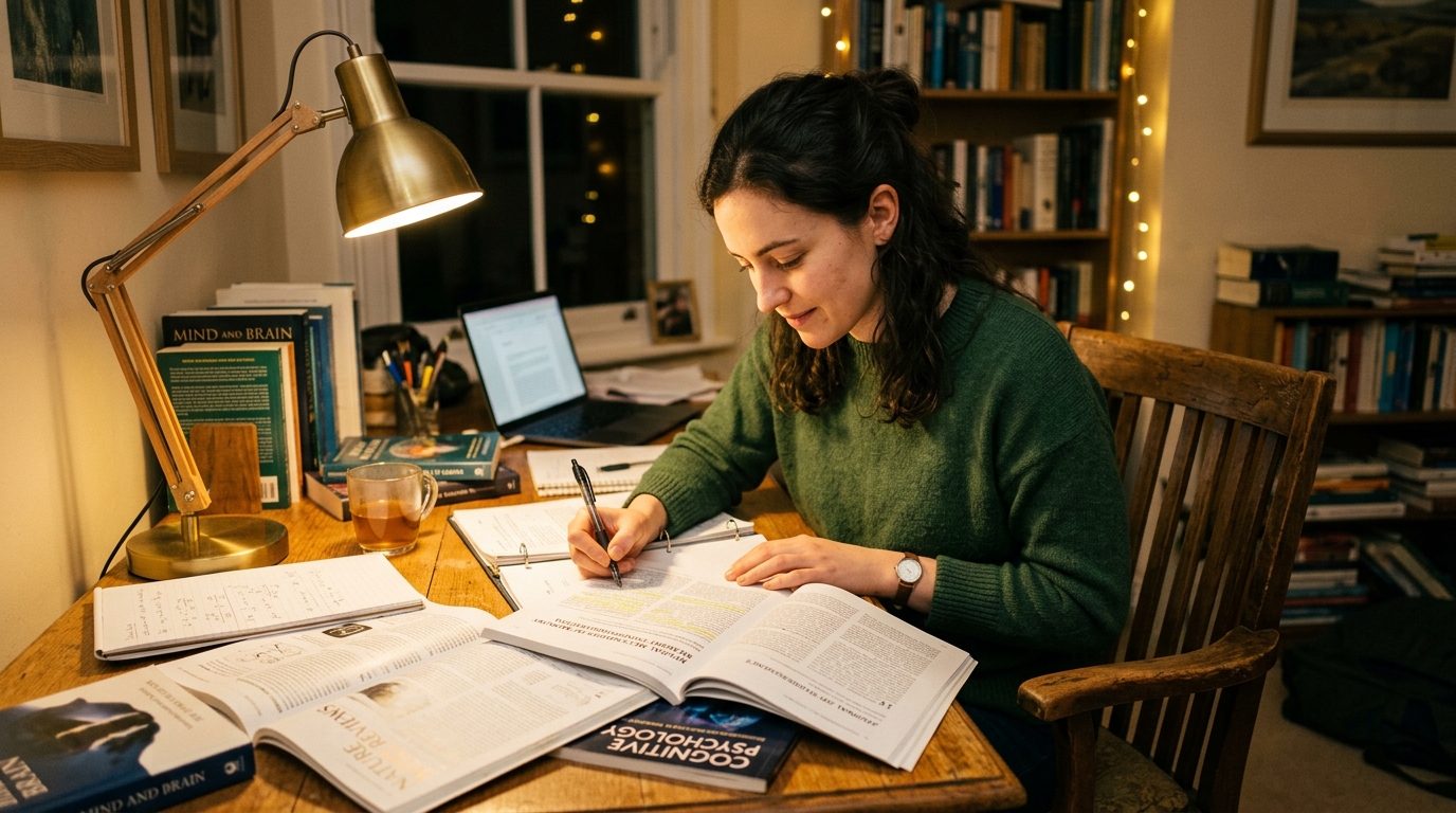woman studying research papers at desk