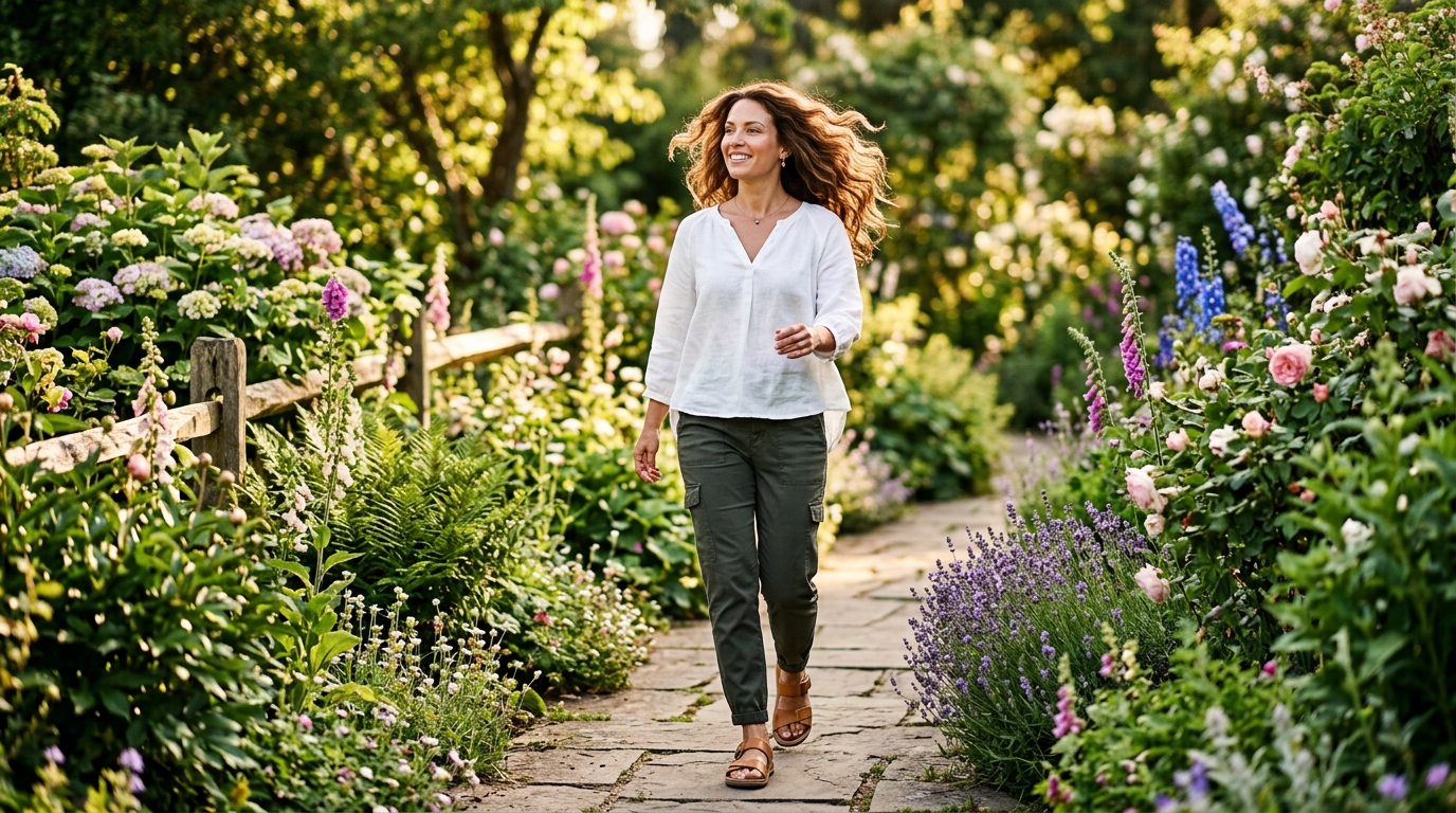 confident woman walking in garden sunlight