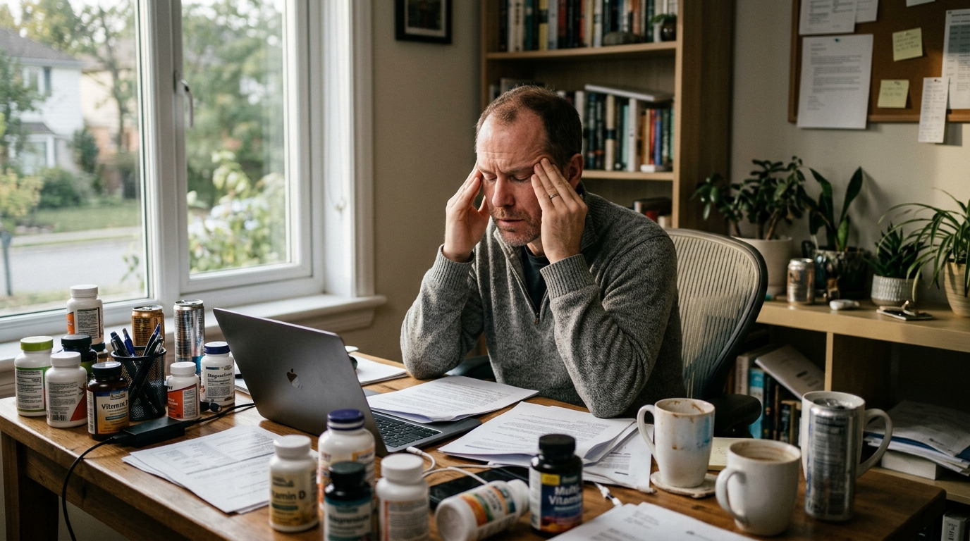 frustrated man surrounded by failed supplement attempts at desk