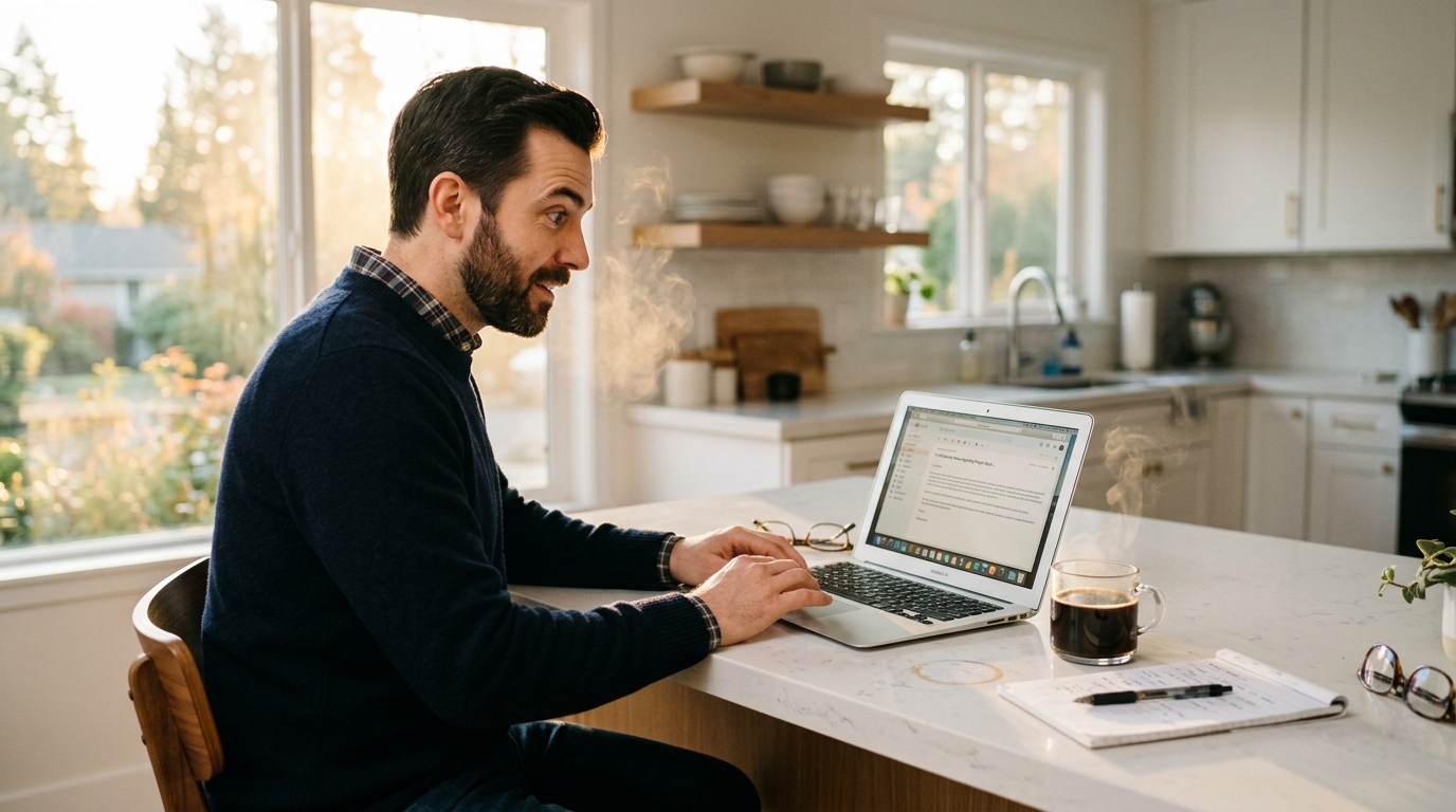 man reading emails with focused clarity at morning kitchen counter