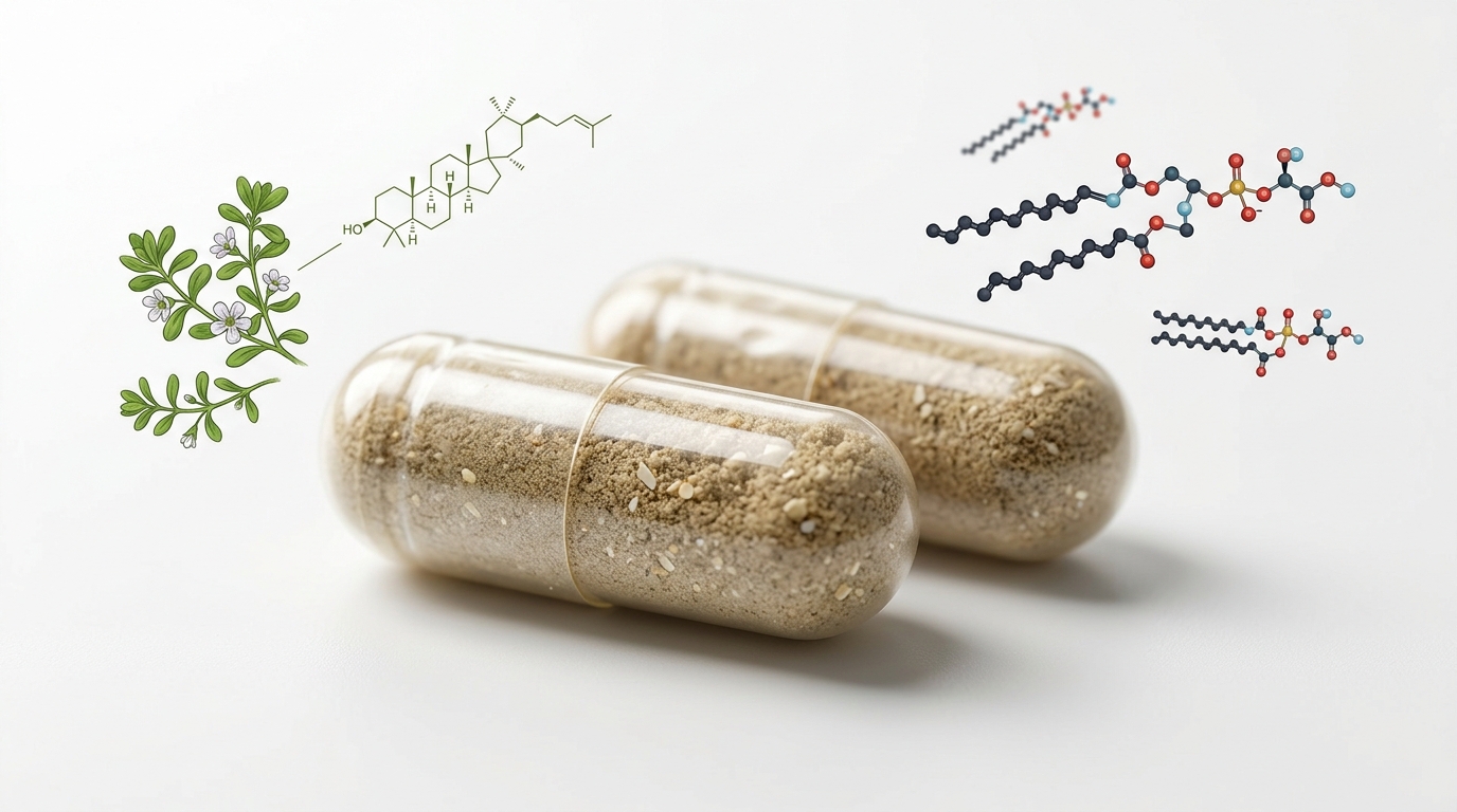 supplement capsules showing botanical ingredients and molecular structures