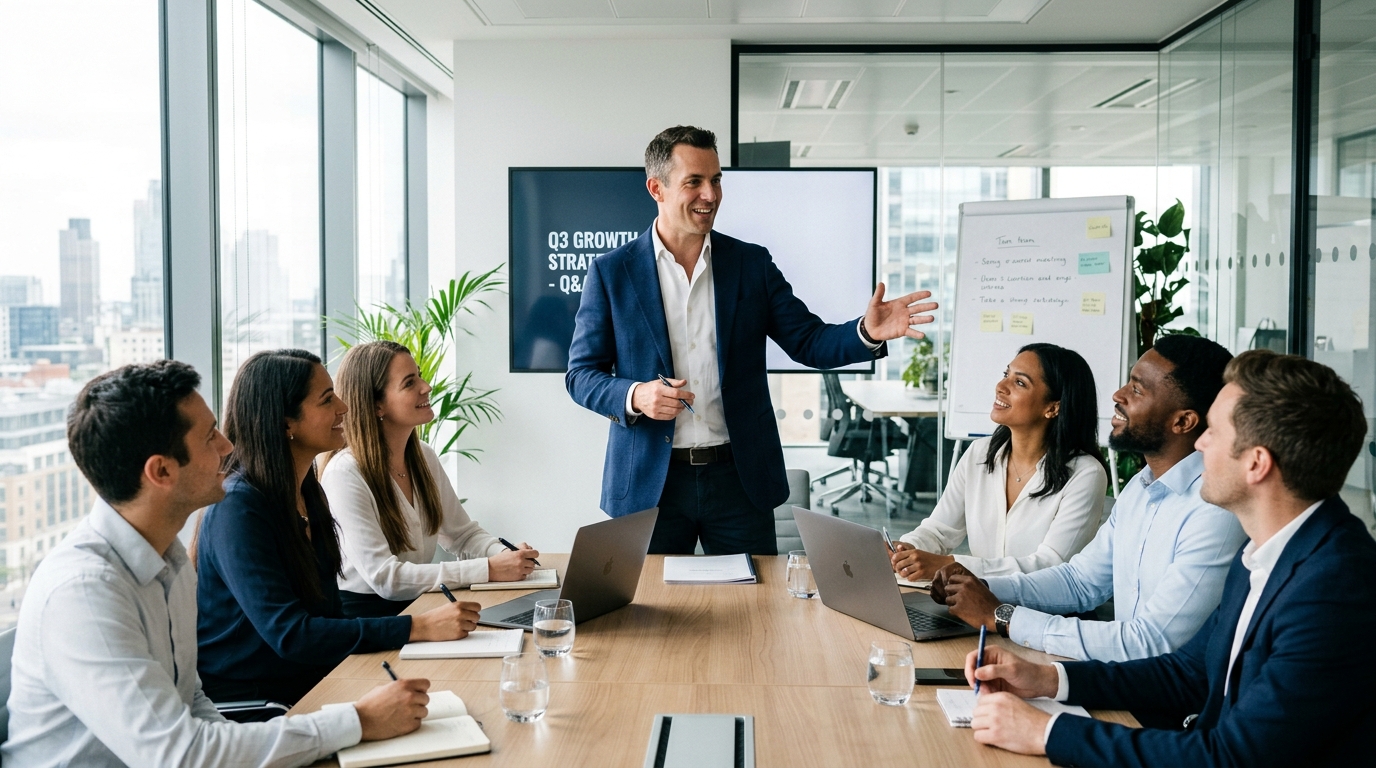 confident man leading engaged team meeting with natural energy