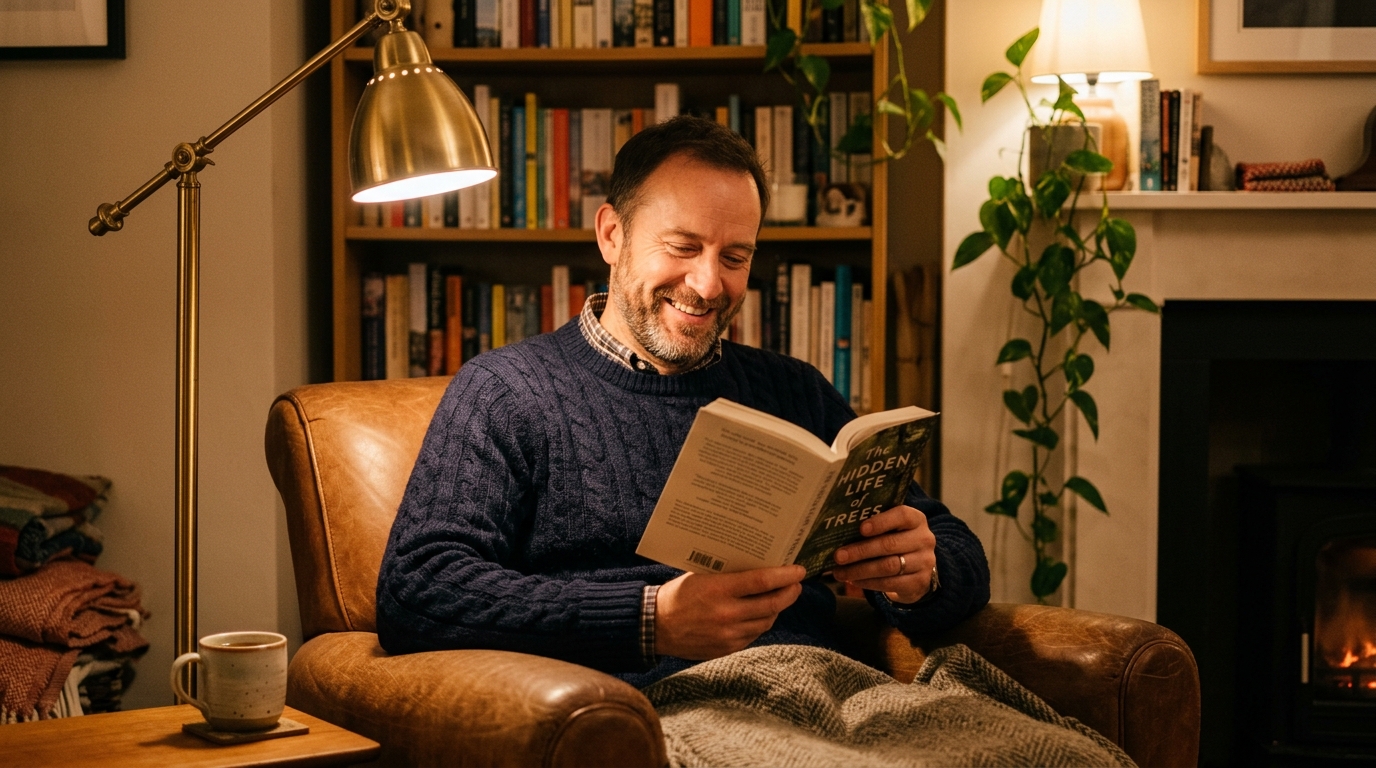 man reading book with focused enjoyment in warm evening light