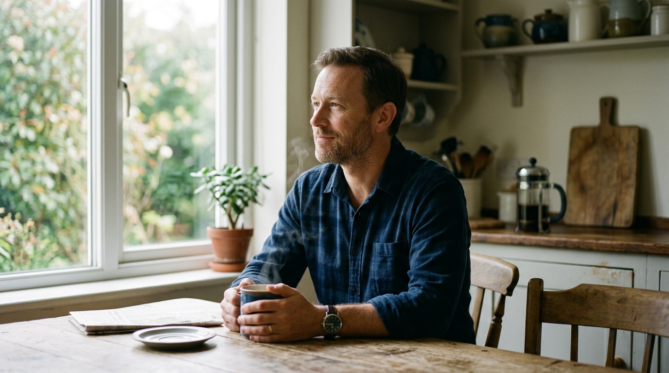 man having morning coffee looking refreshed