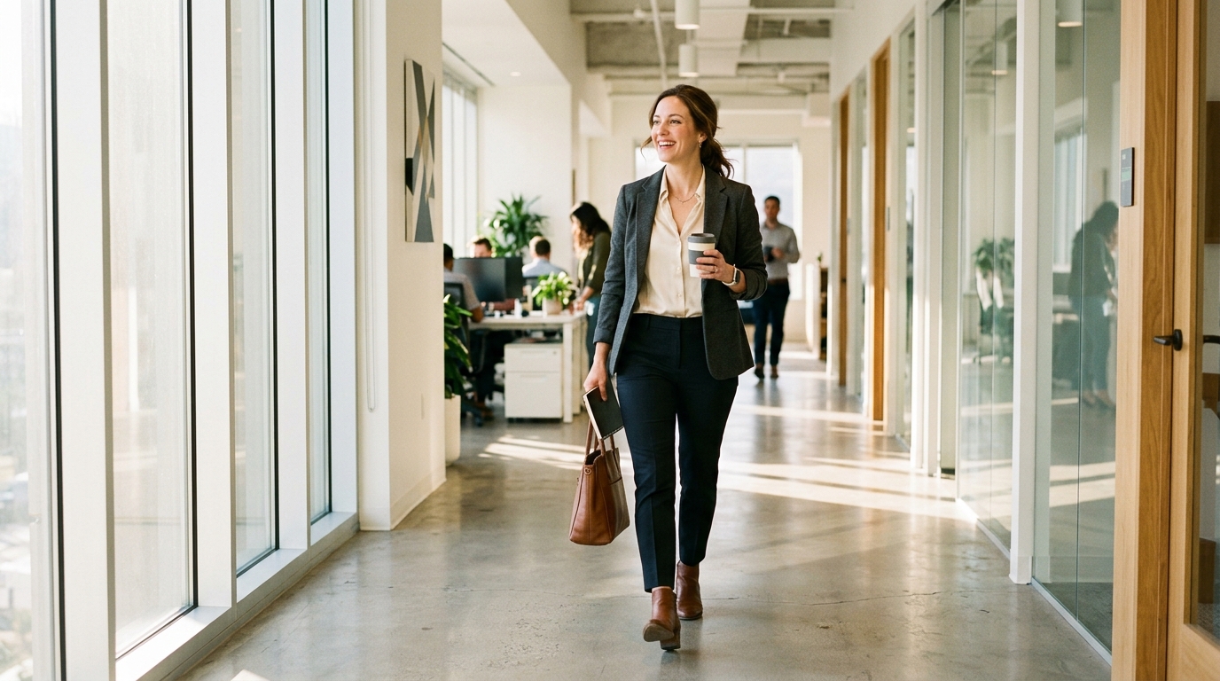 woman walking confidently through office hallway