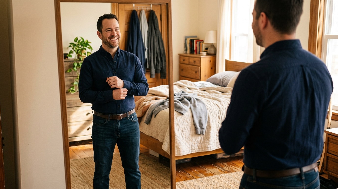 man trying on shirt with satisfied expression