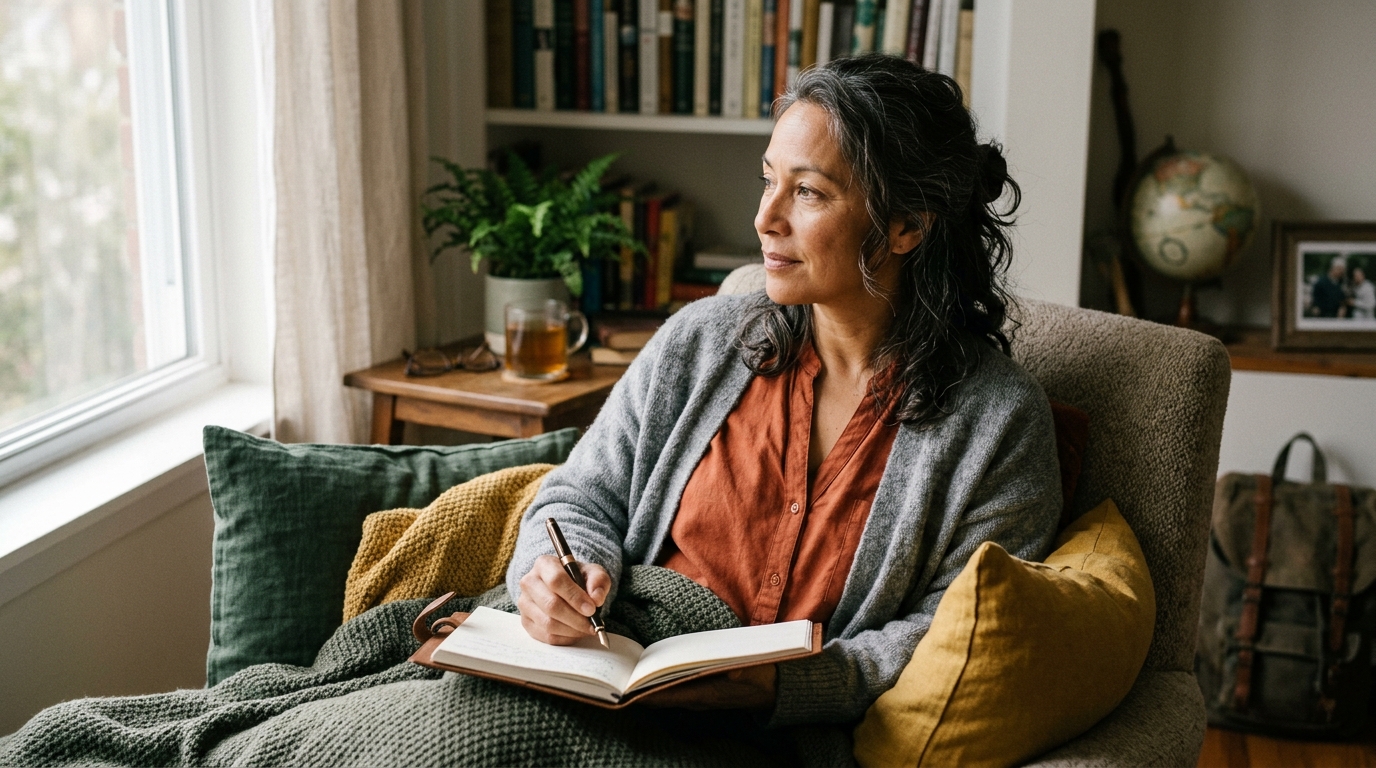woman journaling in comfortable reading space