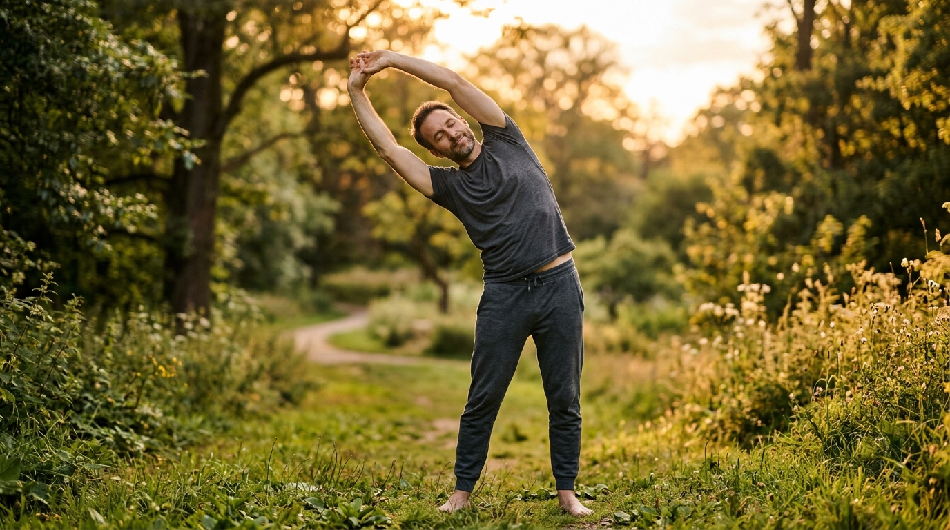 man stretching peacefully in golden hour