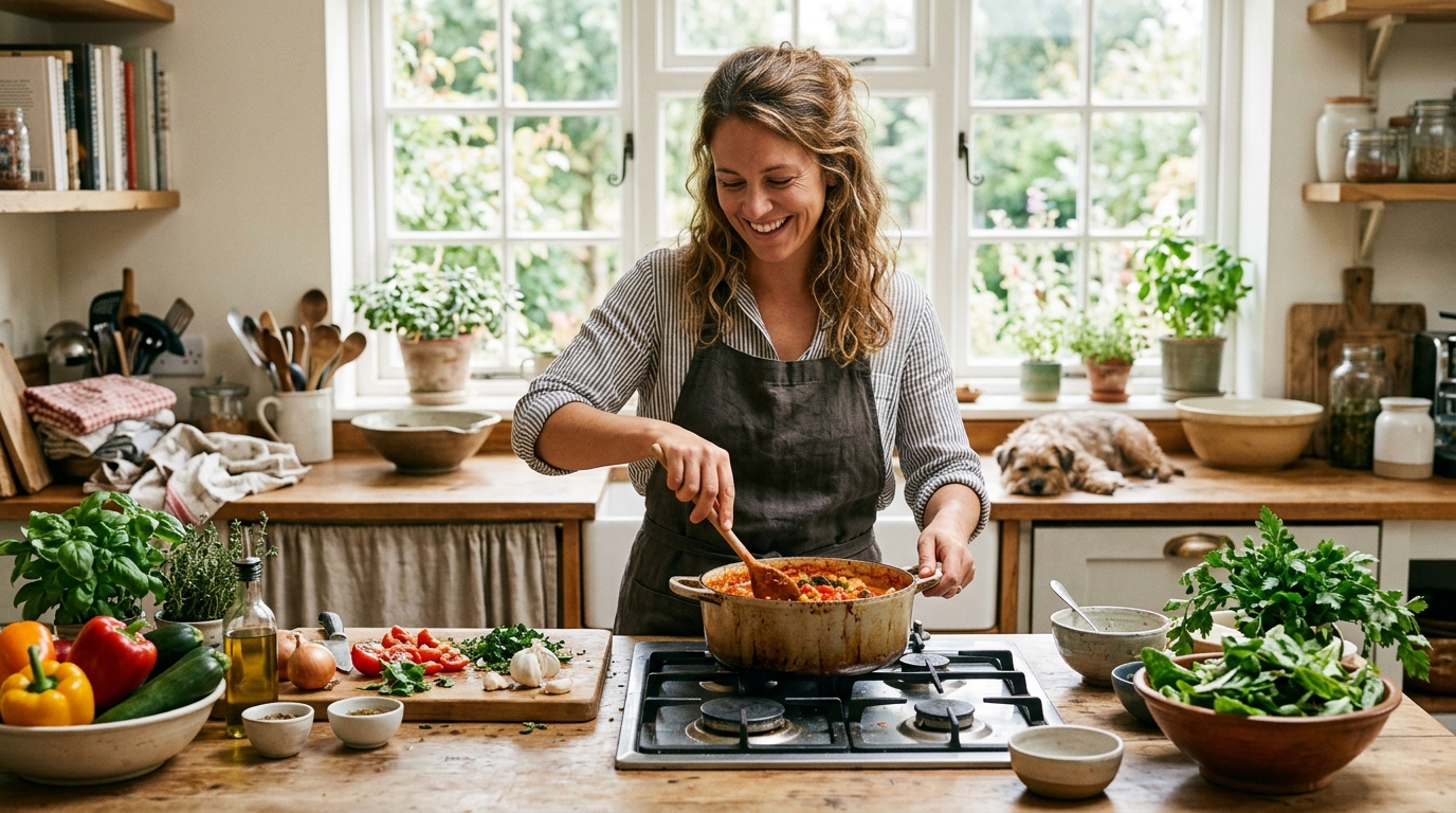 woman cooking intuitively in bright kitchen