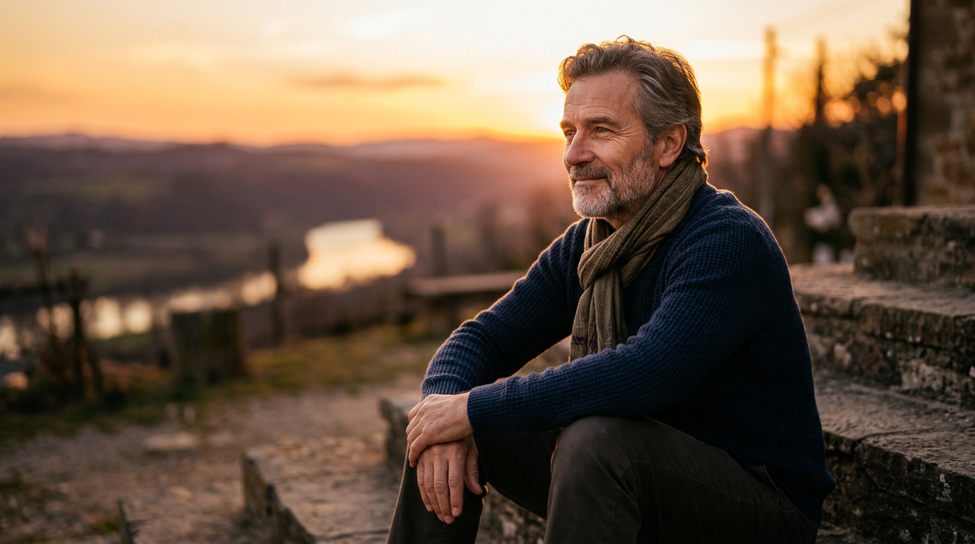man sitting contemplatively during sunset