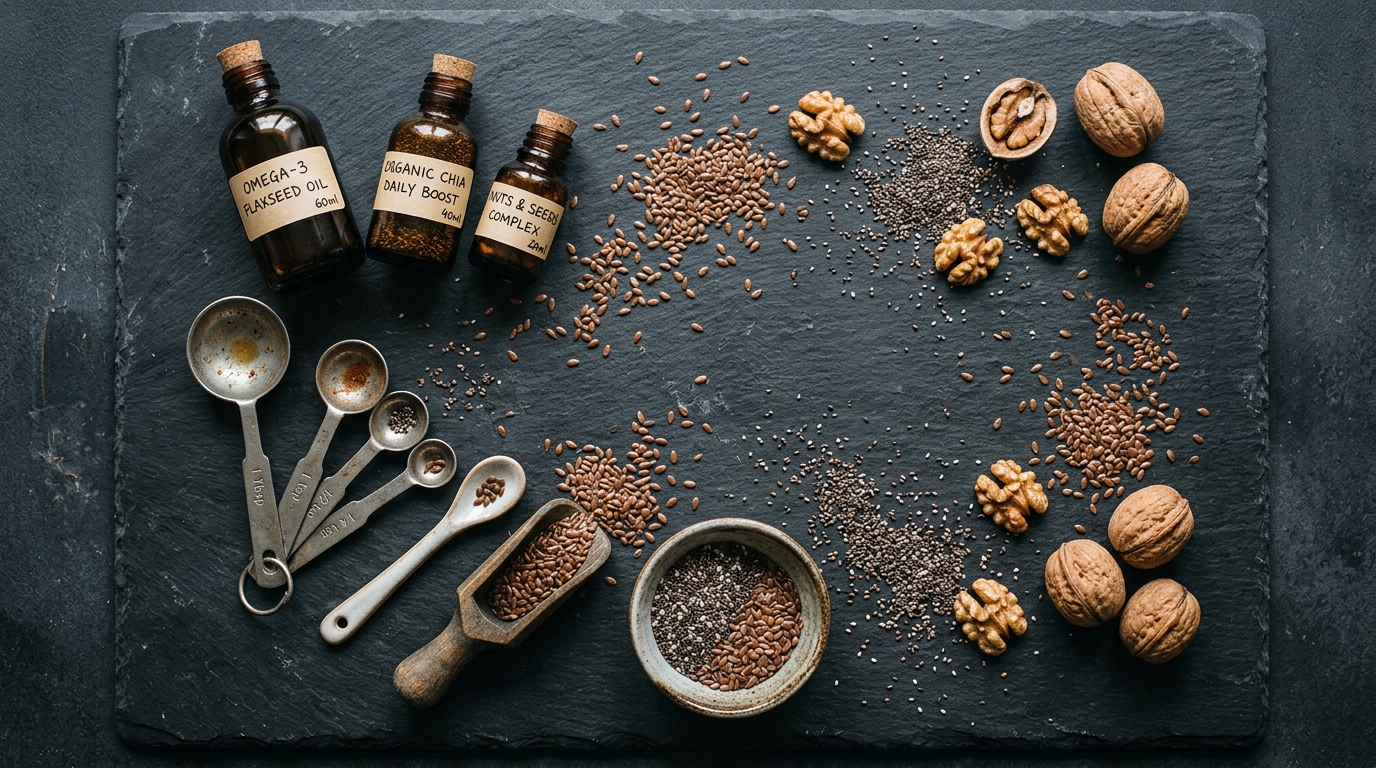 scattered omega 3 supplements and seeds on dark surface