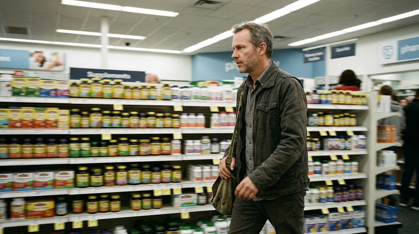 man walking past supplement store shelves with determination