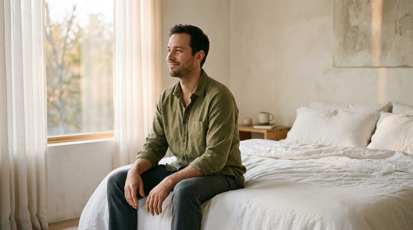 man sitting peacefully on bed edge in morning light