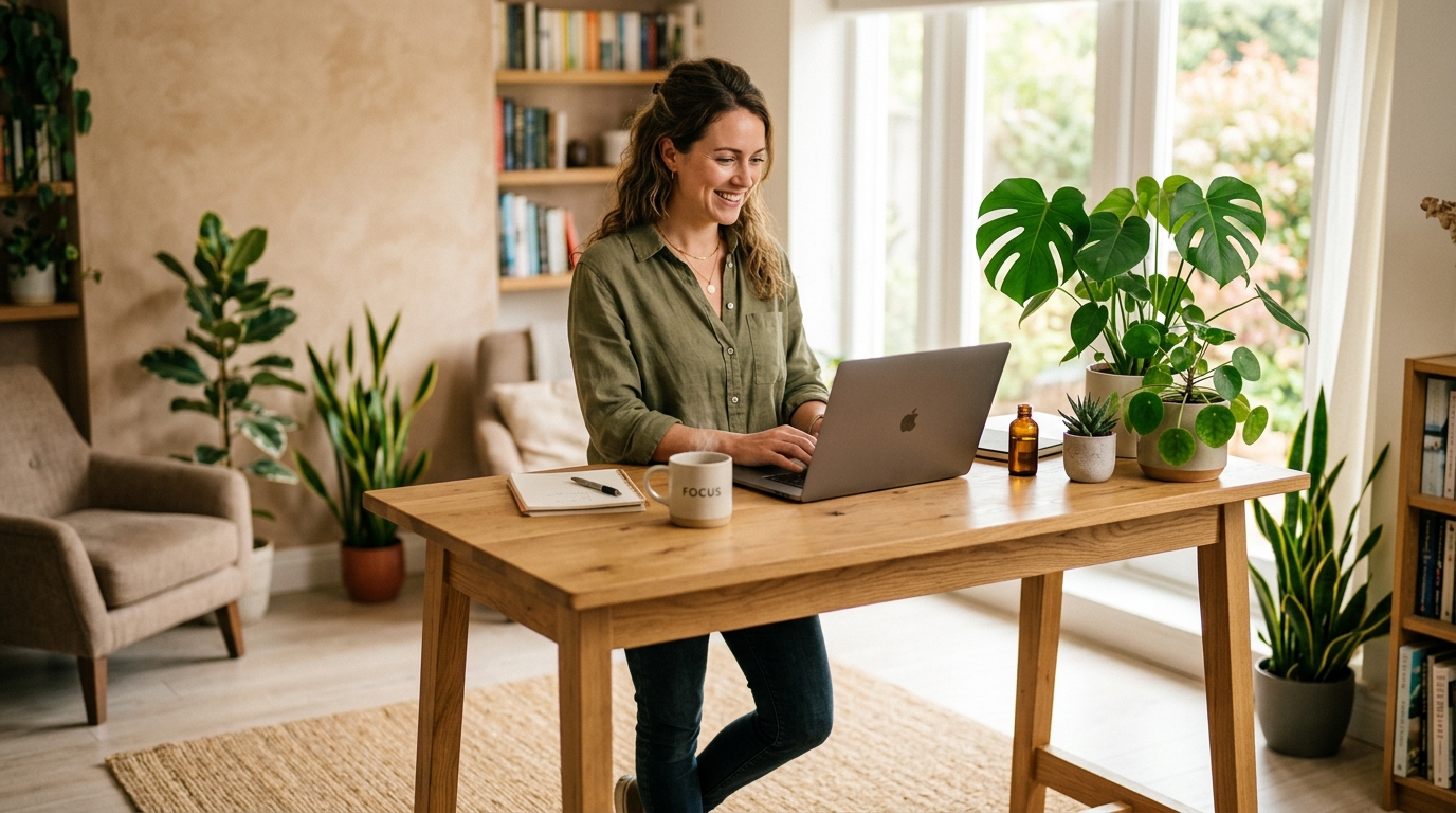 woman working focused at standing desk in afternoon