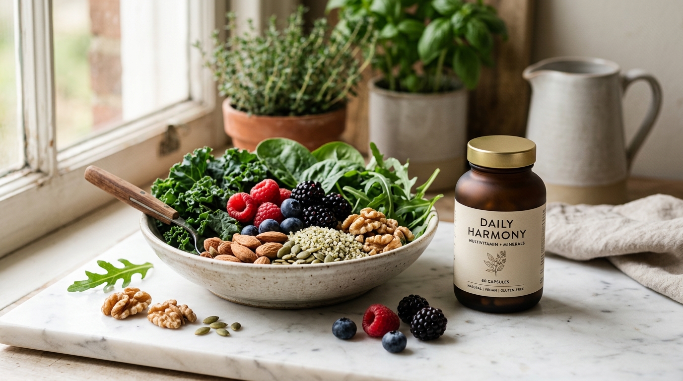 plant foods arranged harmoniously with supplement bottle