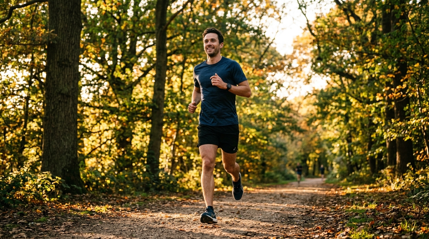 man jogging confidently on tree lined path at golden hour