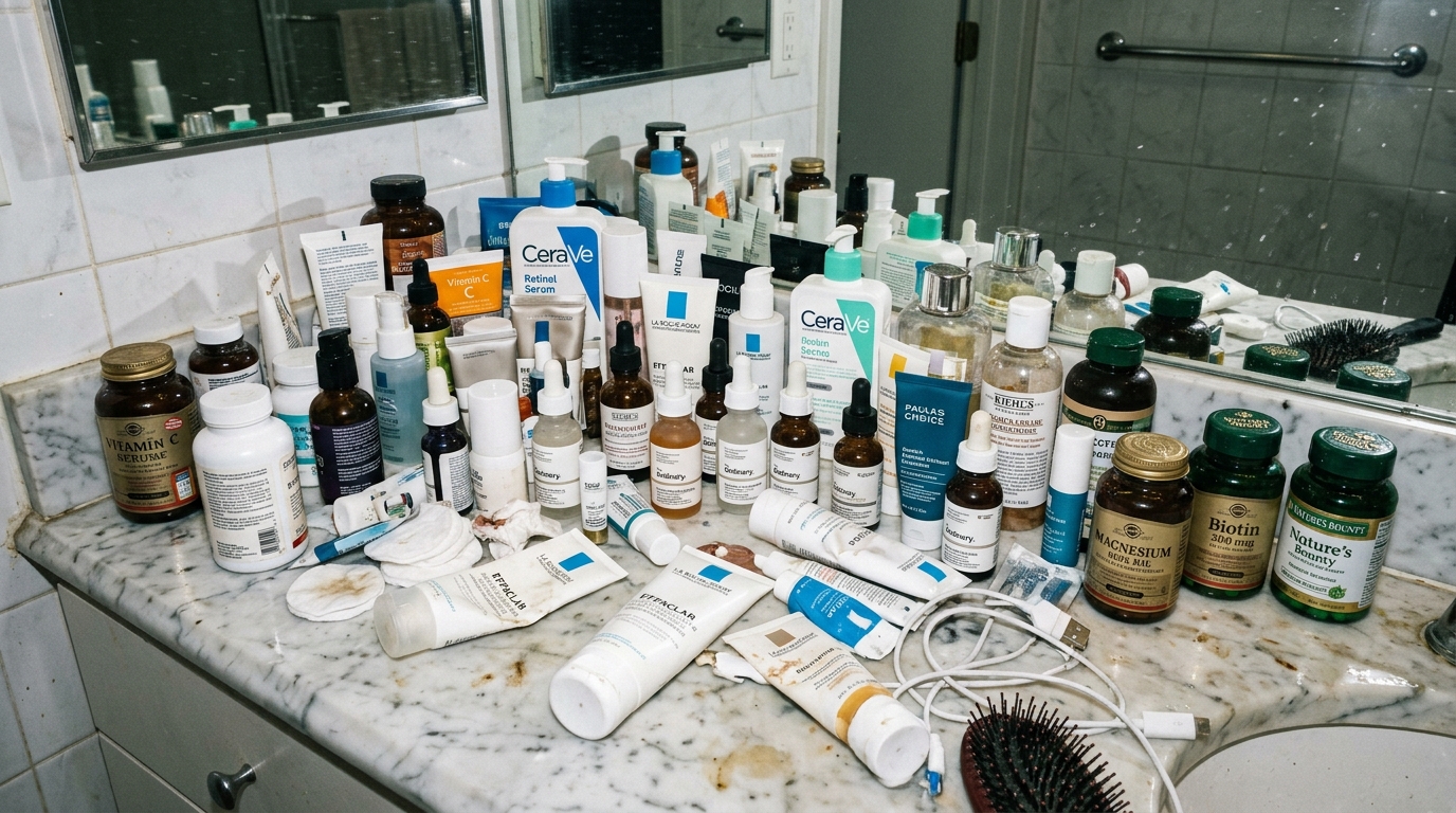 cluttered bathroom counter with multiple beauty products