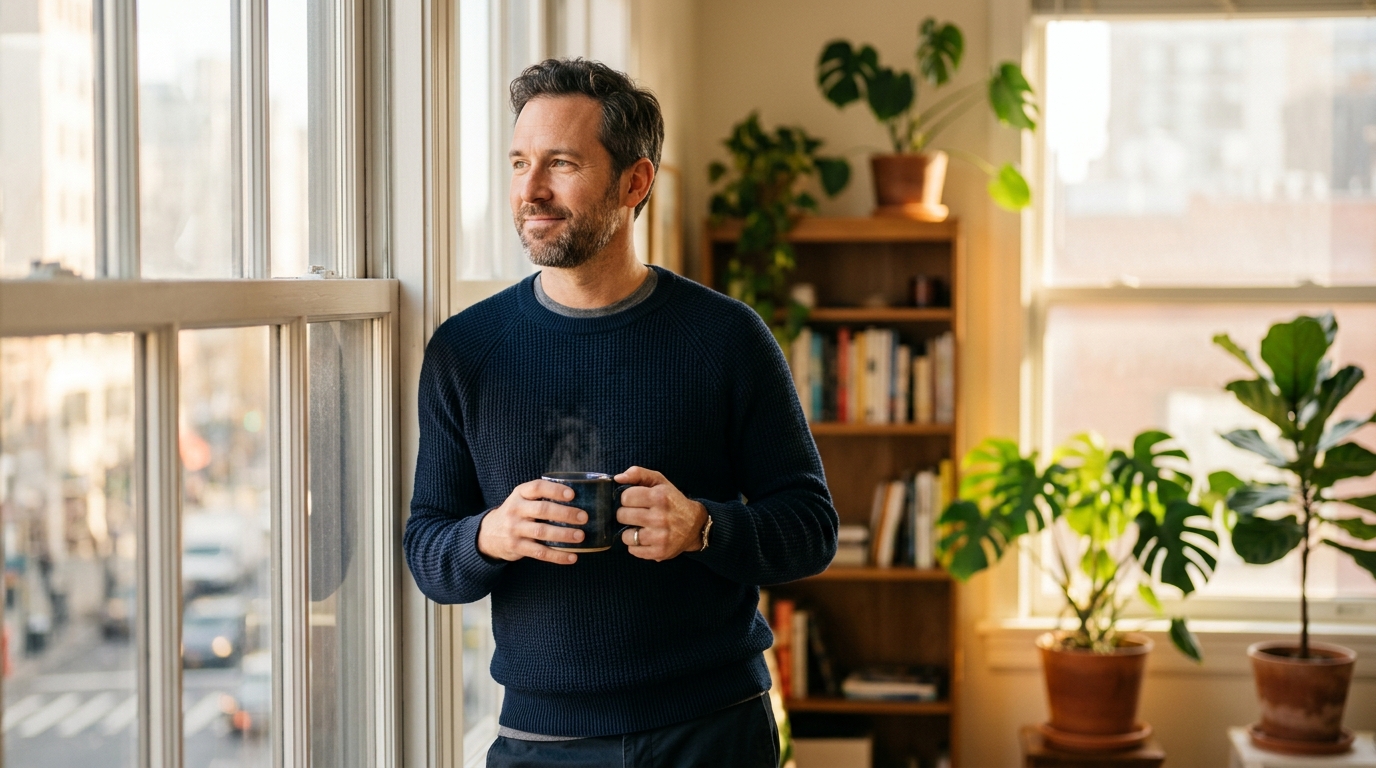confident man morning sunlight making health decision