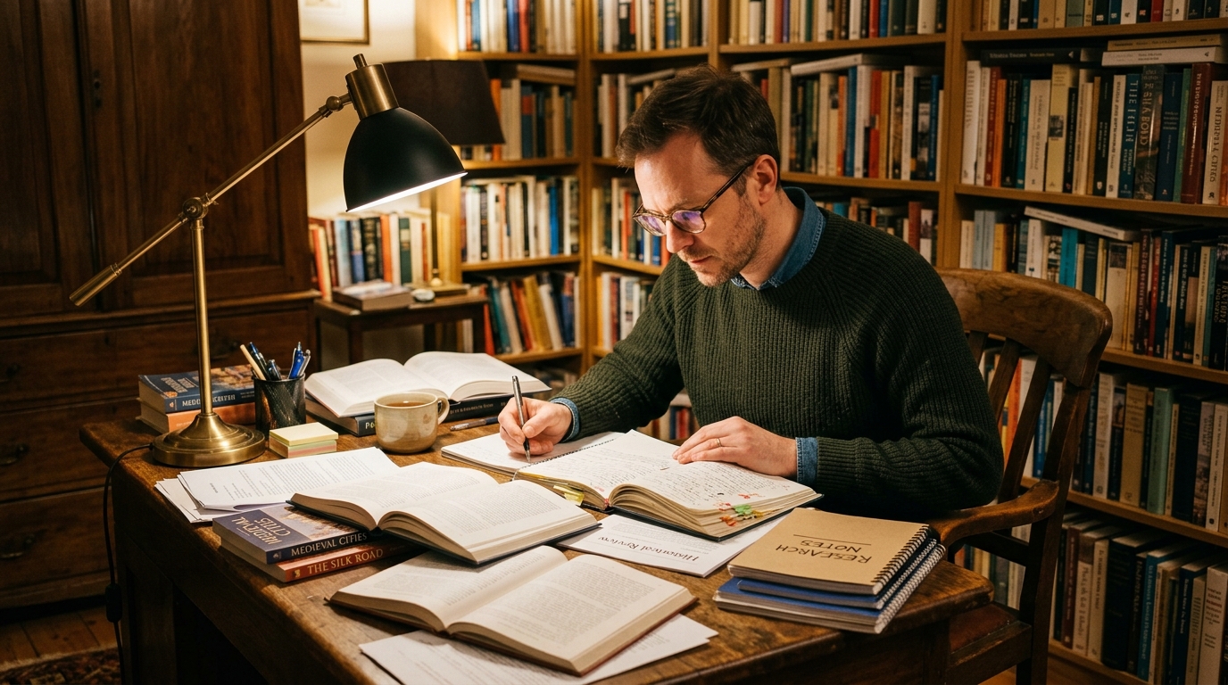 man researching supplement science at home