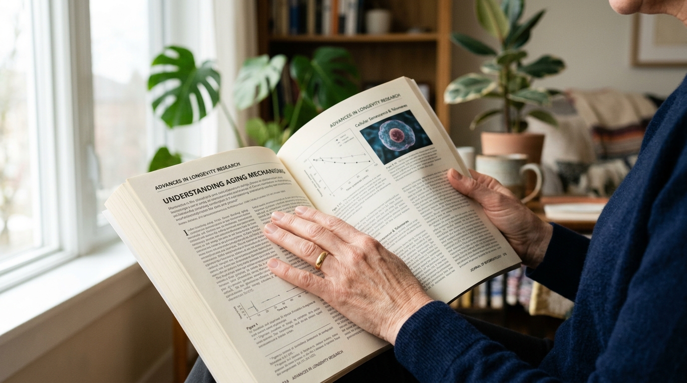 hands holding longevity research journal