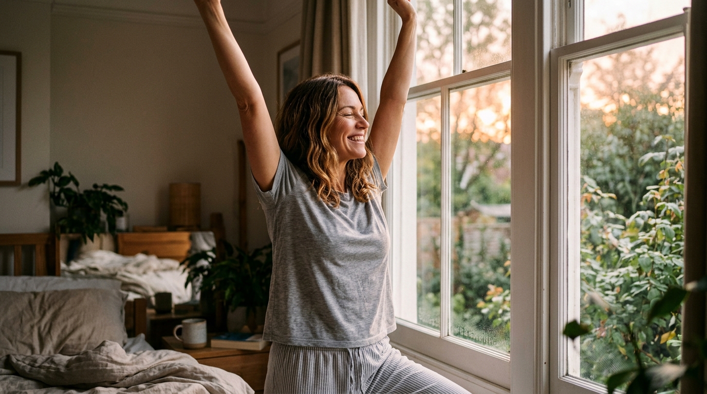woman stretching energetically at sunrise window