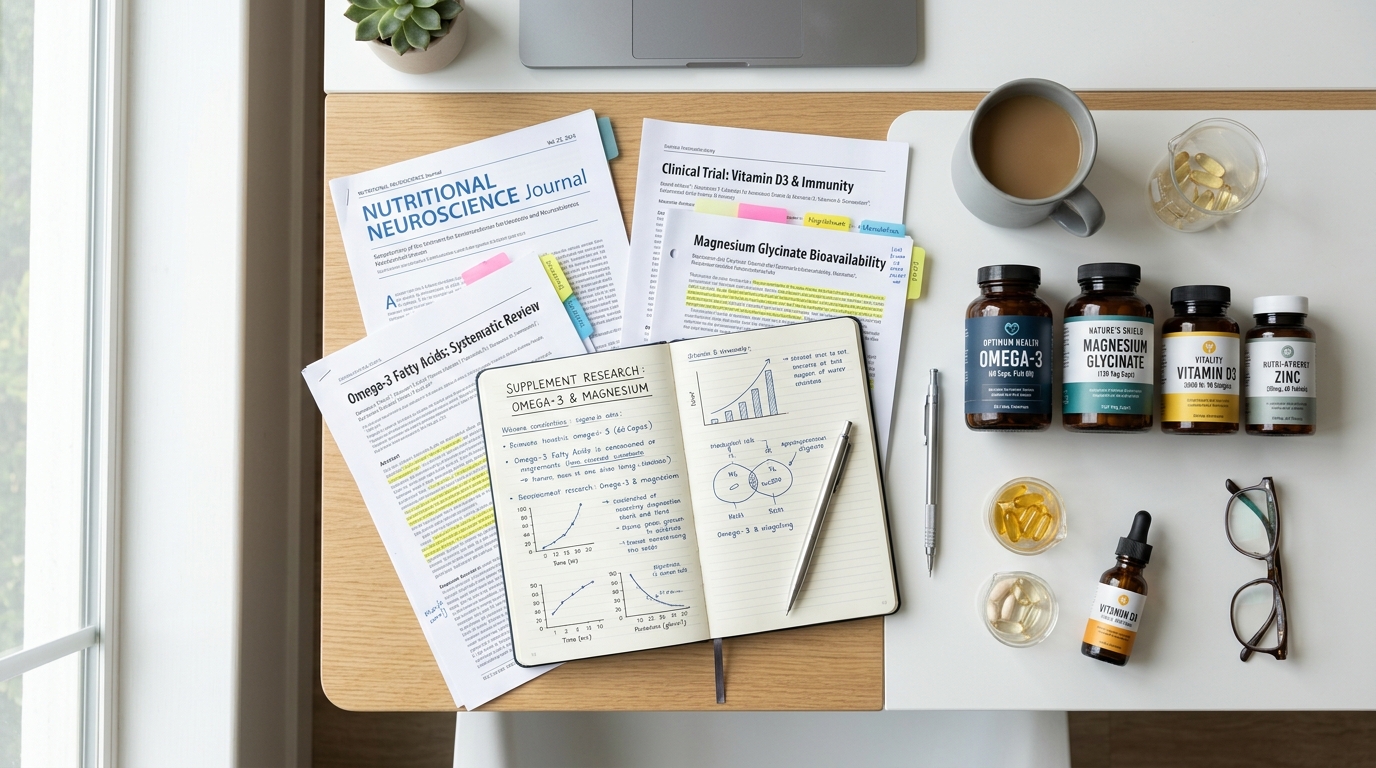 organized supplement research materials on desk