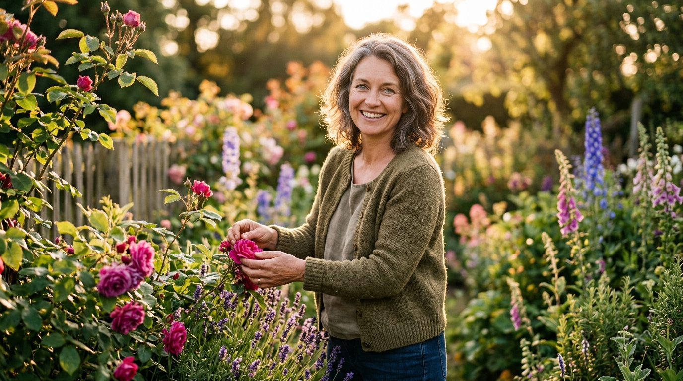 confident woman in garden during golden hour
