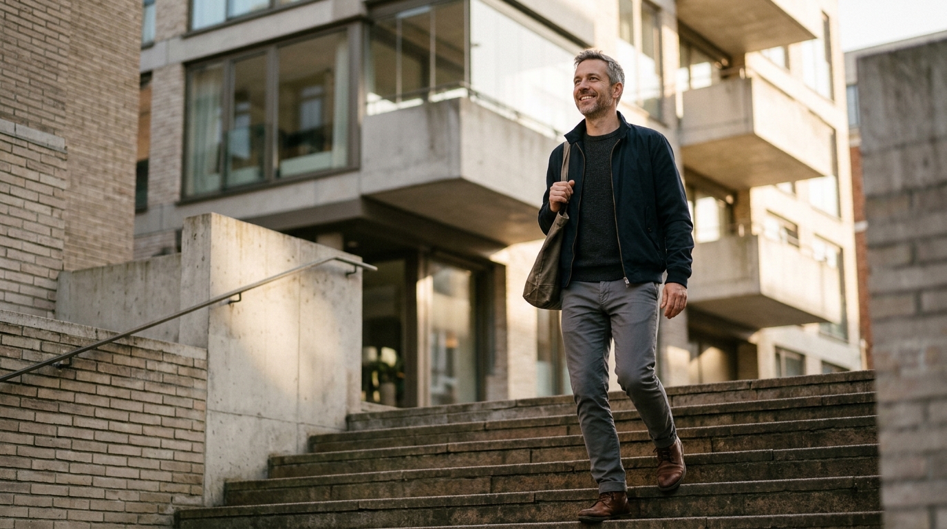 confident man walking up stairs with sustained energy