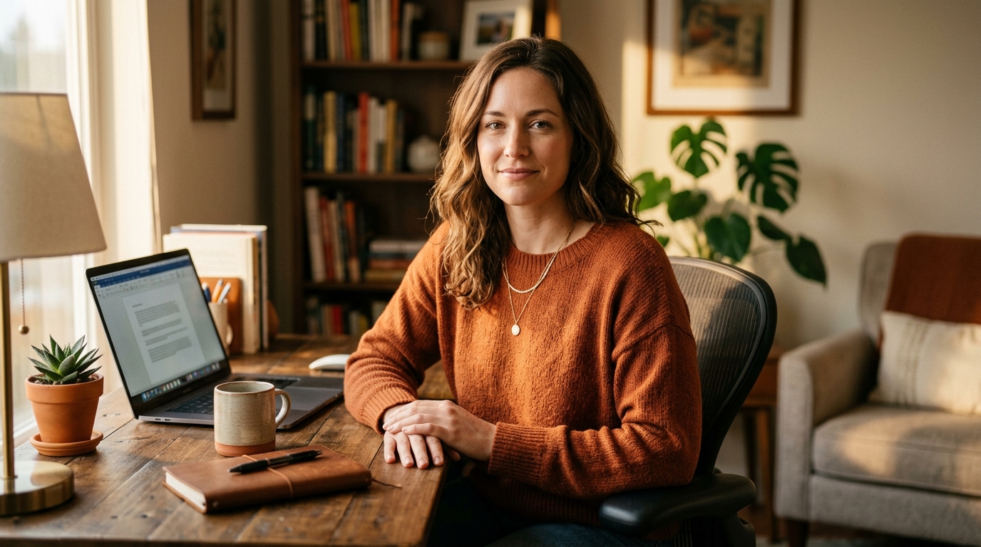 confident woman in peaceful home office setting