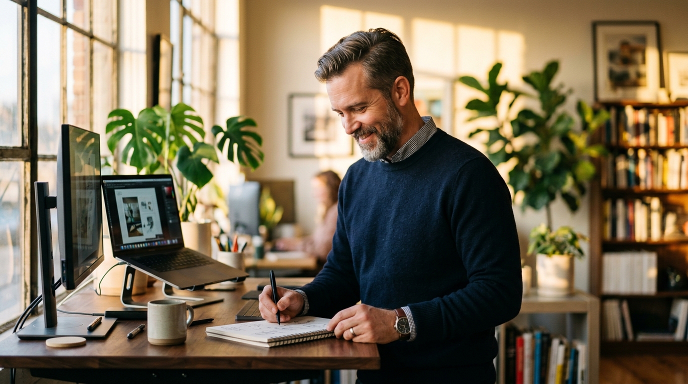 man working with calm sustained focus golden hour