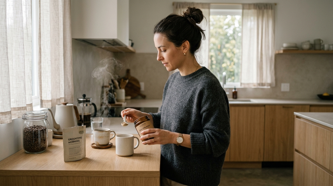 woman preparing focused morning routine with supplements