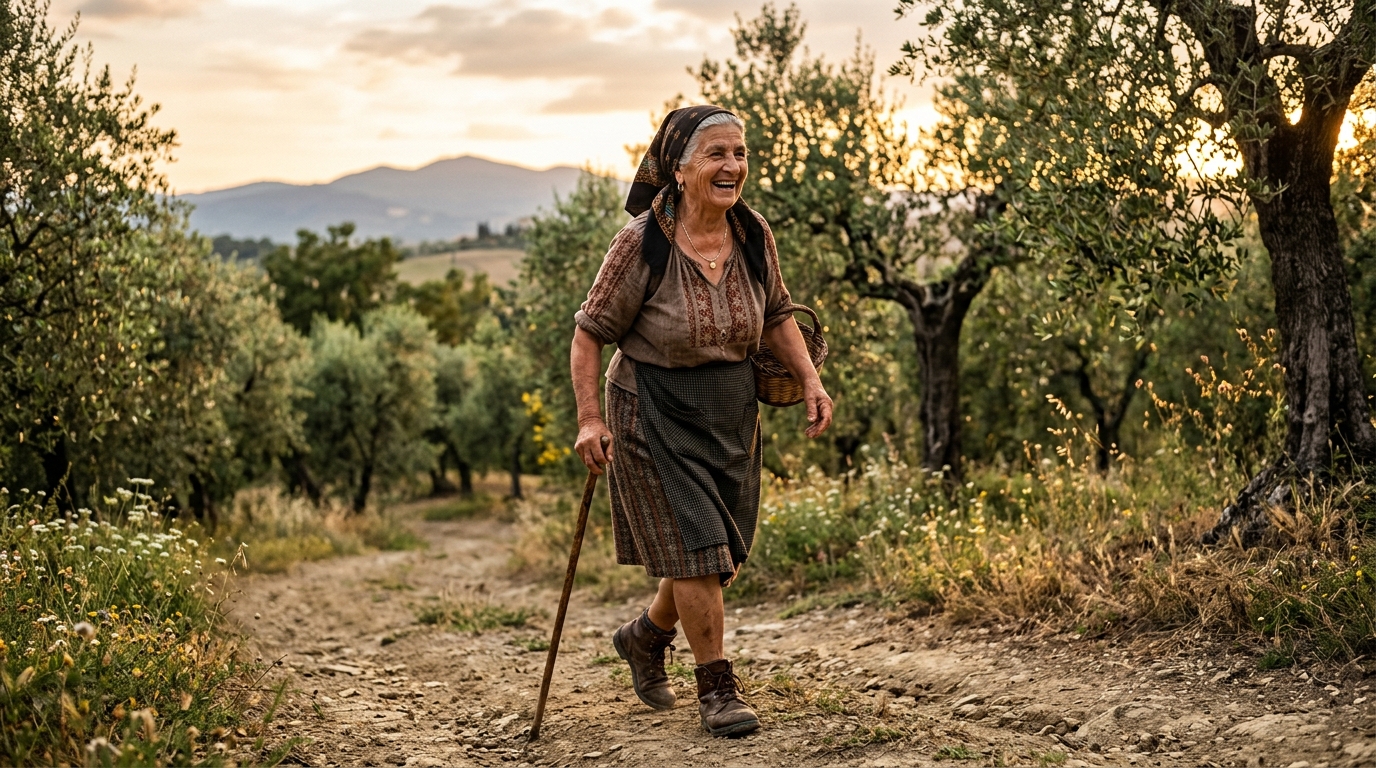 vibrant elderly woman walking through Mediterranean olive groves