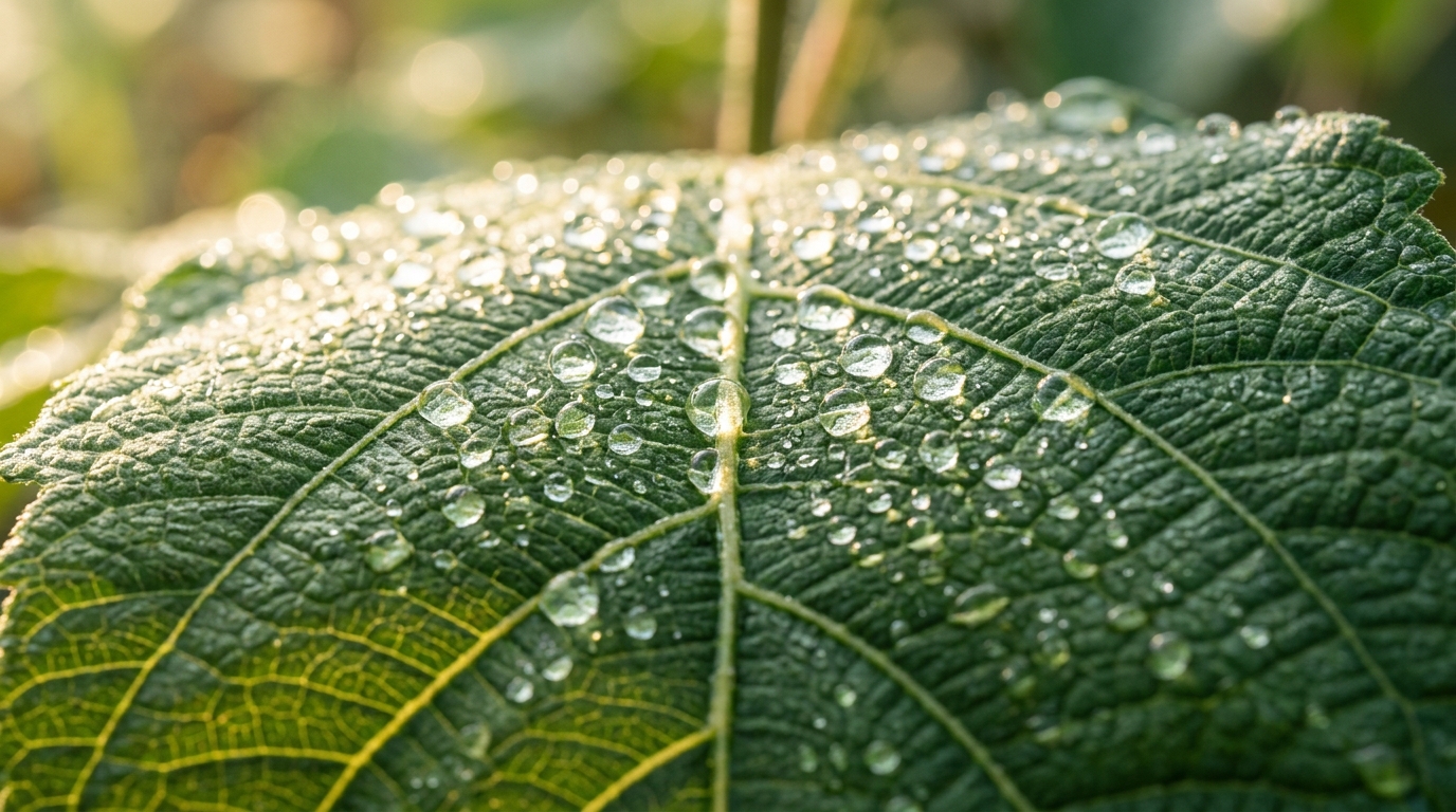water droplets on structured leaf showing natural sustainability