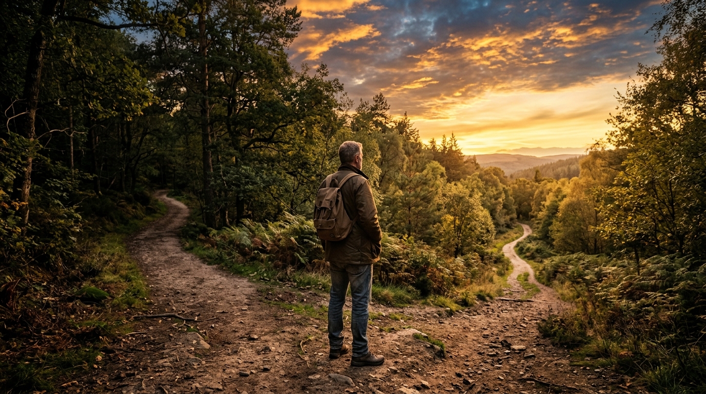 man at crossroads choosing between two paths