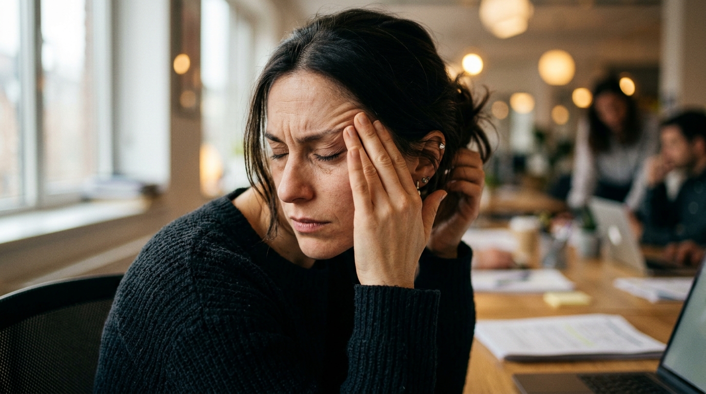 Woman experiencing mental fatigue rubbing temples