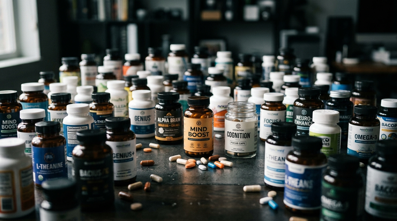 Various nootropic supplements scattered on desk surface
